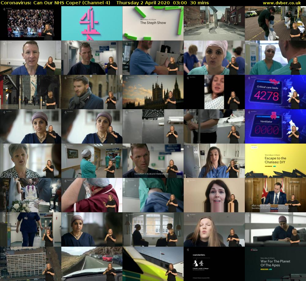 Coronavirus: Can Our NHS Cope? (Channel 4) Thursday 2 April 2020 03:00 - 03:30