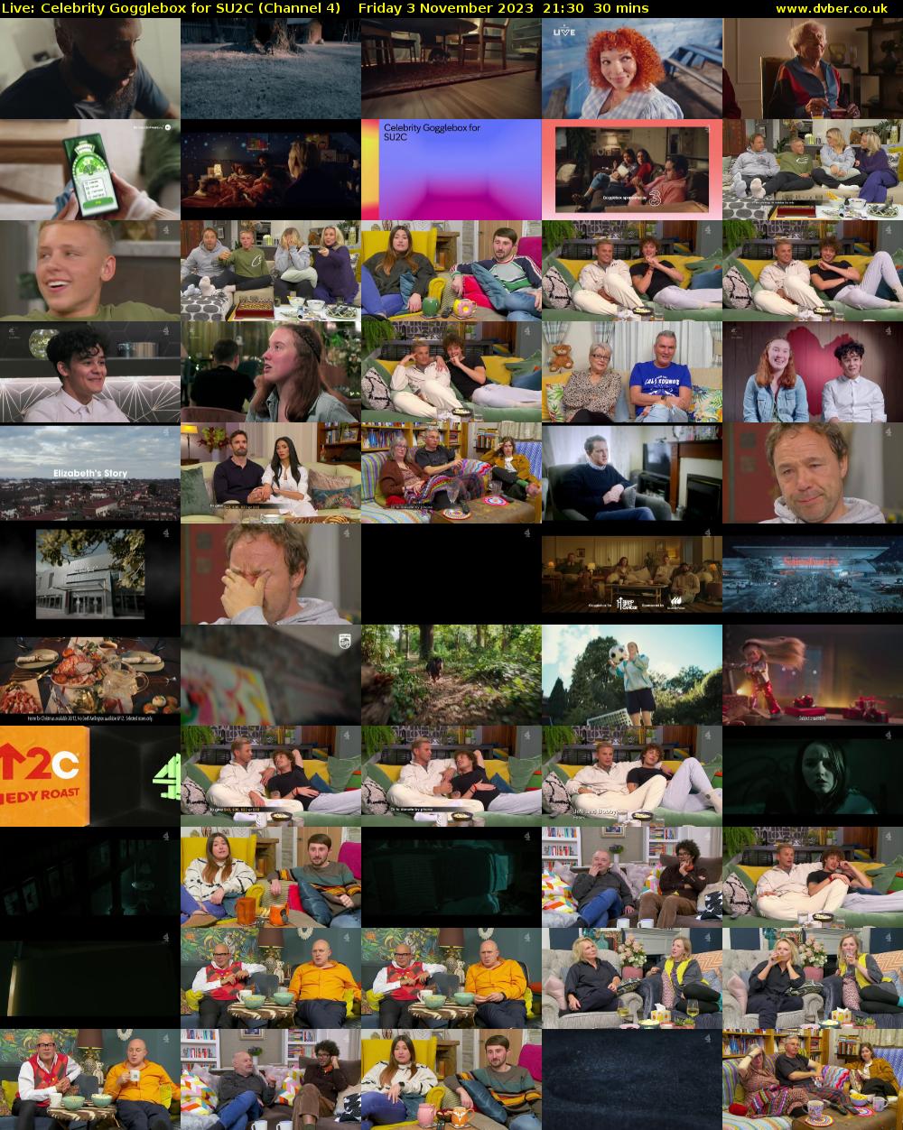 Live: Celebrity Gogglebox for SU2C (Channel 4) Friday 3 November 2023 21:30 - 22:00