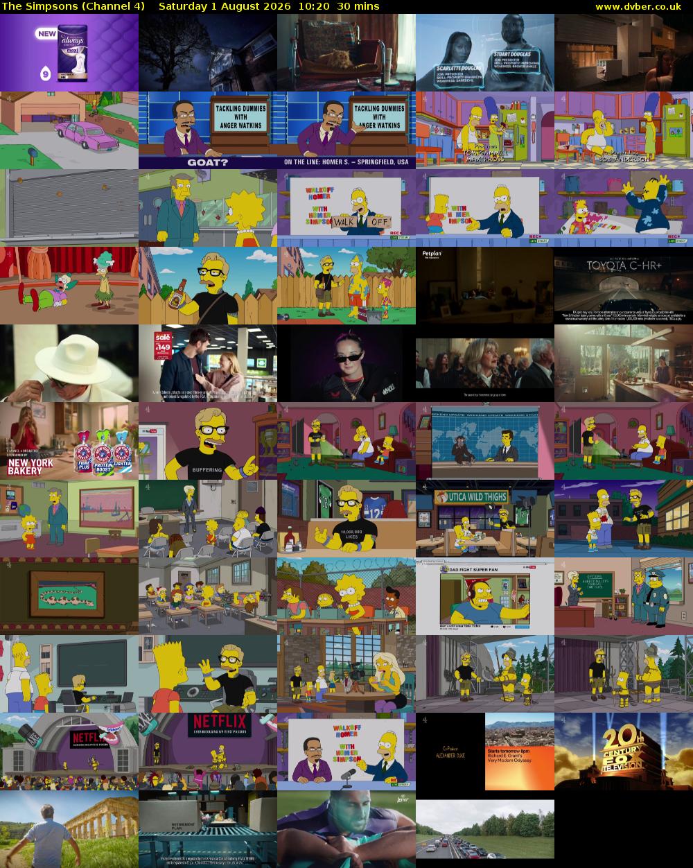 The Simpsons (Channel 4) Saturday 1 August 2026 10:20 - 10:50