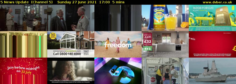 5 News Update  (Channel 5) Sunday 27 June 2021 17:00 - 17:05