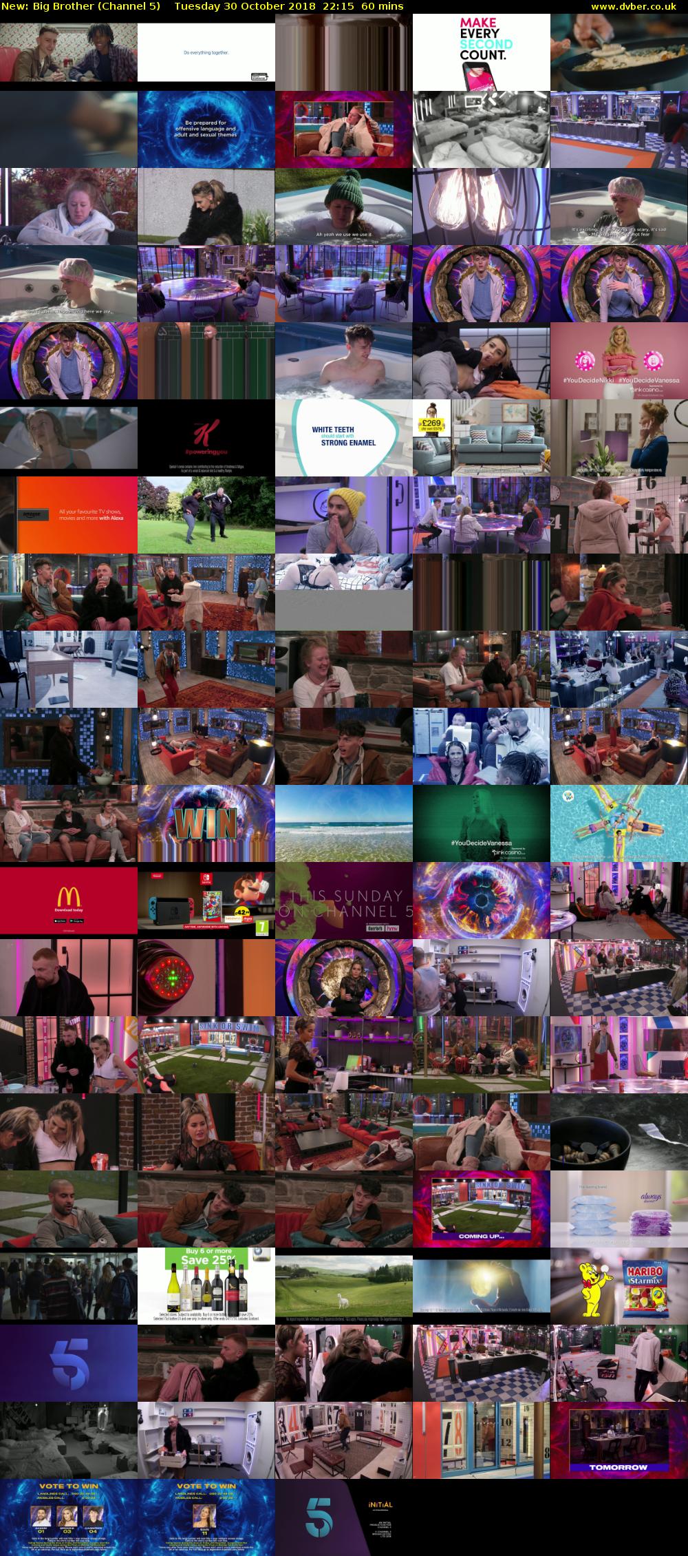 Big Brother (Channel 5) Tuesday 30 October 2018 22:15 - 23:15