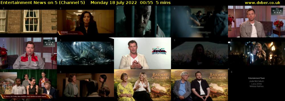 Entertainment News on 5 (Channel 5) Monday 18 July 2022 00:55 - 01:00