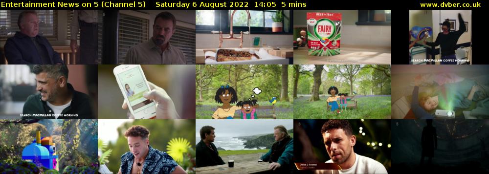 Entertainment News on 5 (Channel 5) Saturday 6 August 2022 14:05 - 14:10