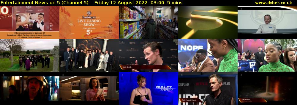 Entertainment News on 5 (Channel 5) Friday 12 August 2022 03:00 - 03:05
