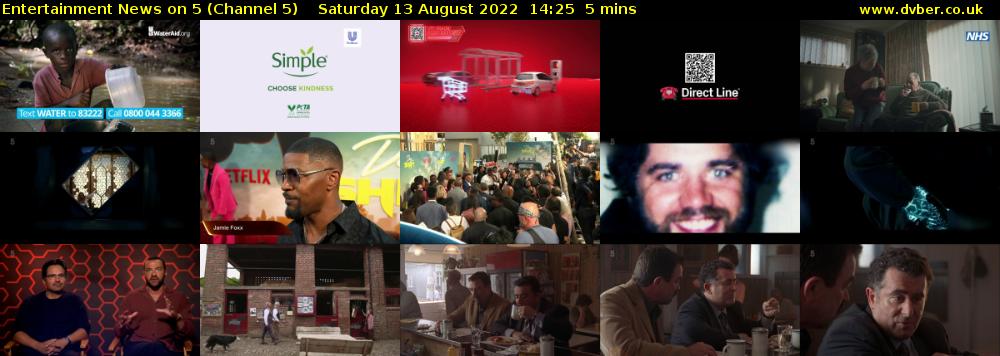 Entertainment News on 5 (Channel 5) Saturday 13 August 2022 14:25 - 14:30