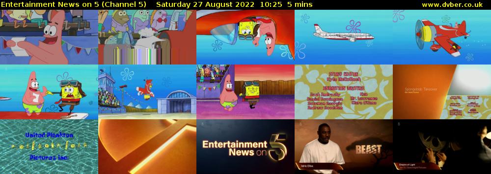 Entertainment News on 5 (Channel 5) Saturday 27 August 2022 10:25 - 10:30