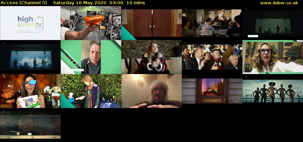 Access (Channel 5) Saturday 16 May 2020 03:00 - 03:10