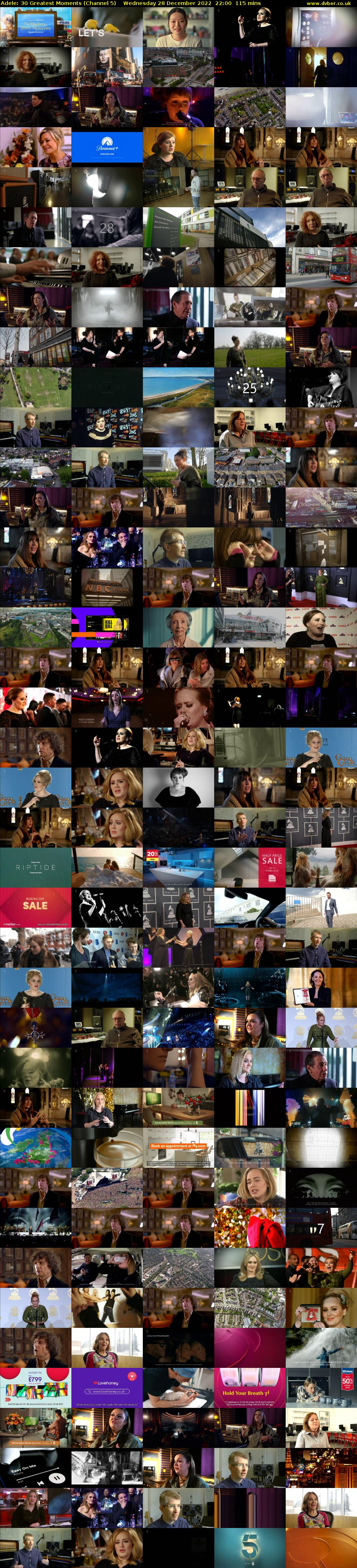 Adele: 30 Greatest Moments (Channel 5) Wednesday 28 December 2022 22:00 - 23:55
