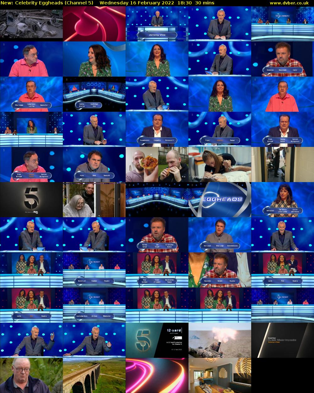 Celebrity Eggheads (Channel 5) Wednesday 16 February 2022 18:30 - 19:00