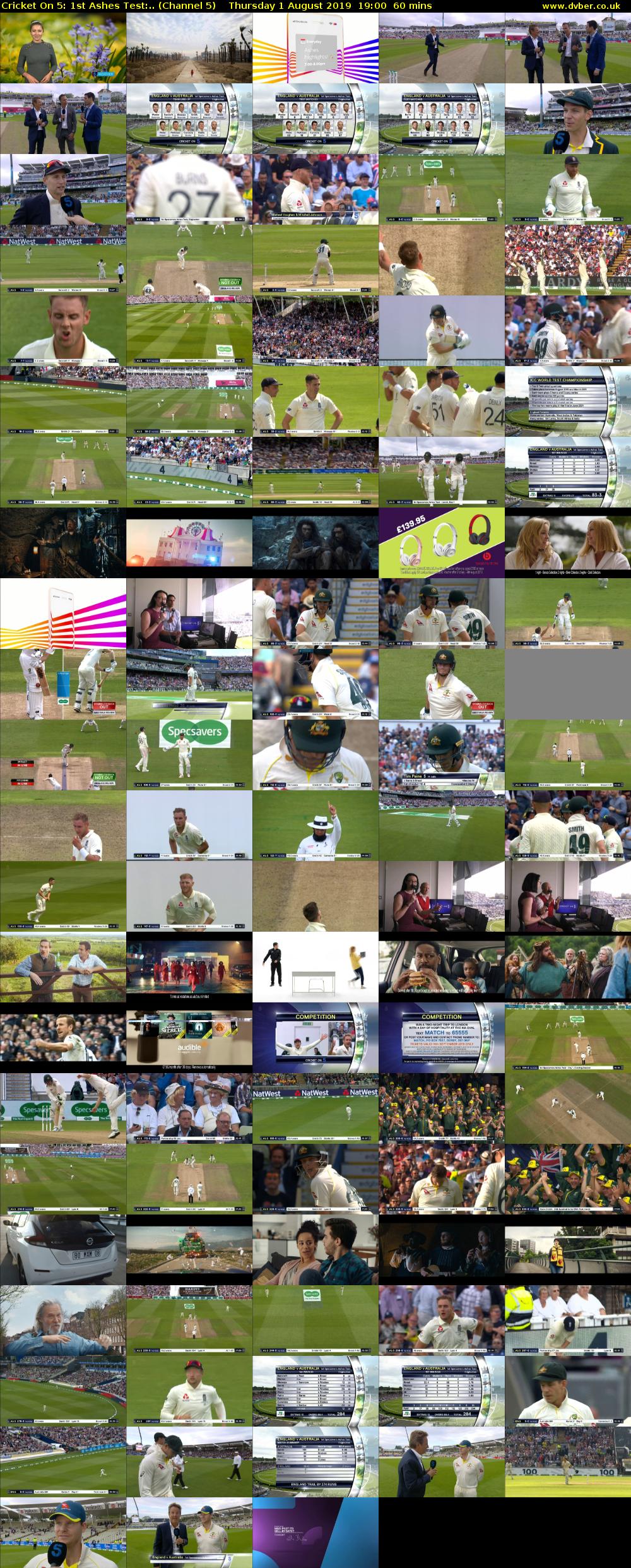 Cricket On 5: 1st Ashes Test:.. (Channel 5) Thursday 1 August 2019 19:00 - 20:00
