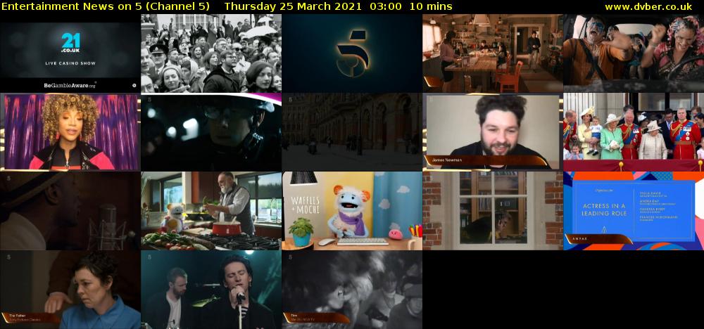 Entertainment News on 5 (Channel 5) Thursday 25 March 2021 03:00 - 03:10