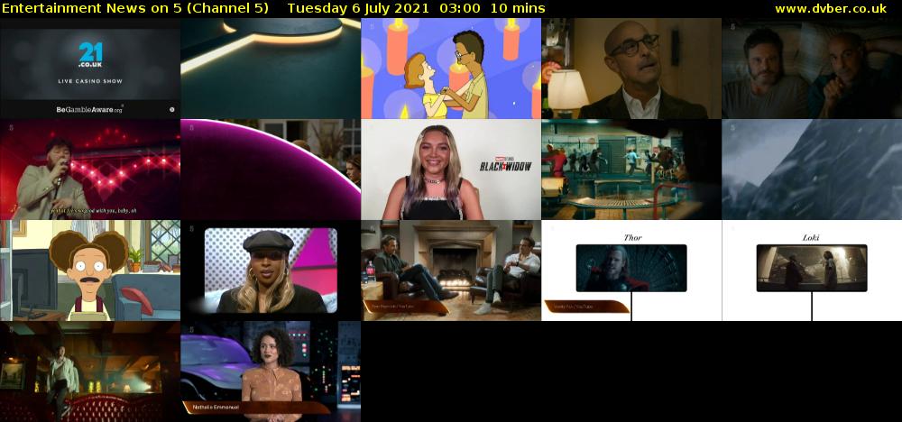 Entertainment News on 5 (Channel 5) Tuesday 6 July 2021 03:00 - 03:10