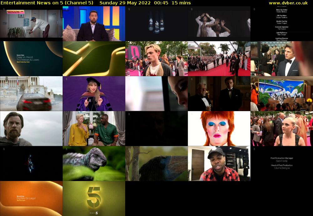 Entertainment News on 5 (Channel 5) Sunday 29 May 2022 00:45 - 01:00