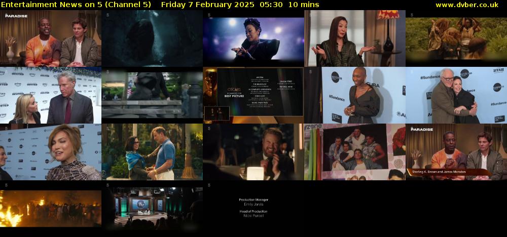 Entertainment News on 5 (Channel 5) Friday 7 February 2025 05:30 - 05:40