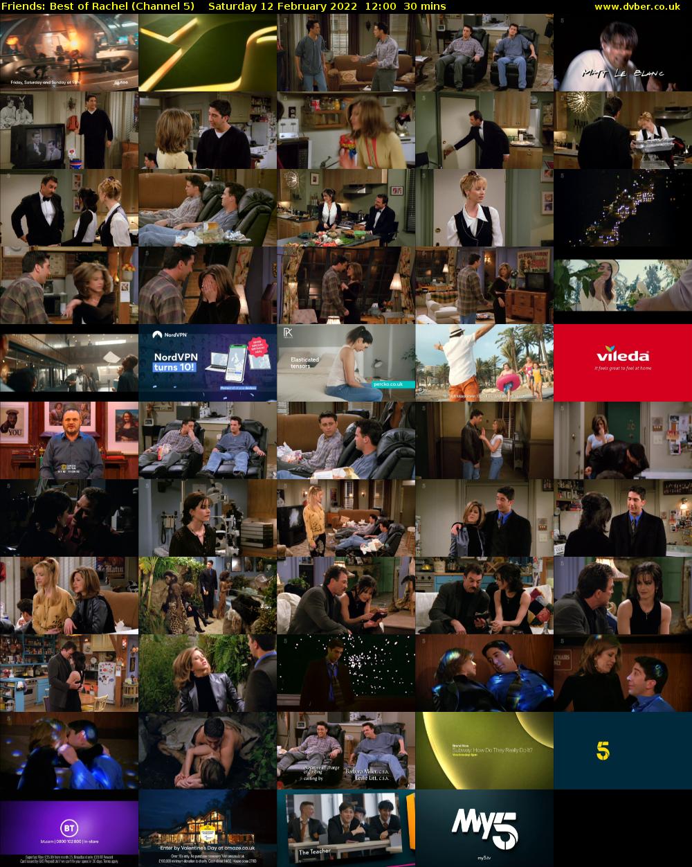 Friends: Best of Rachel (Channel 5) Saturday 12 February 2022 12:00 - 12:30