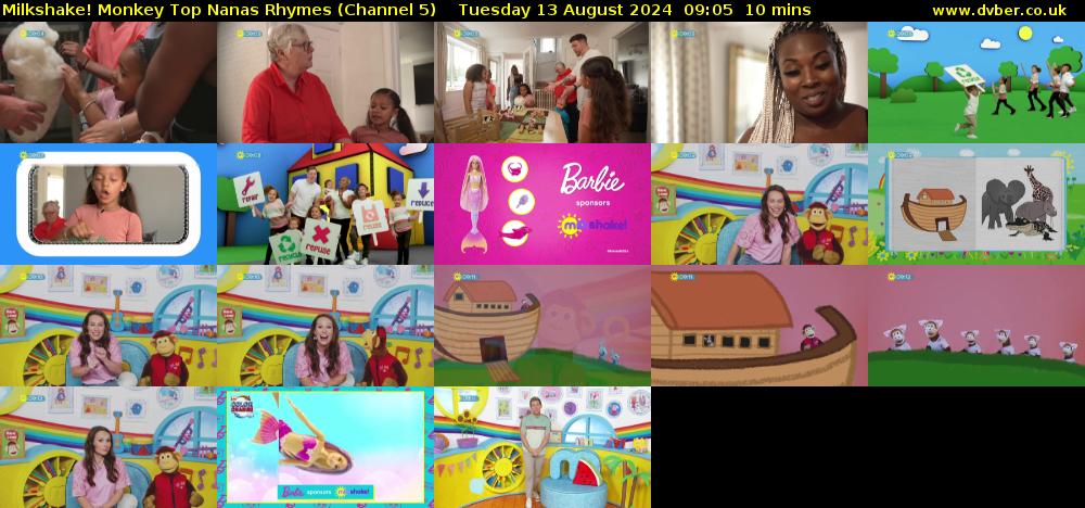 Milkshake! Monkey Top Nanas Rhymes (Channel 5) Tuesday 13 August 2024 09:05 - 09:15