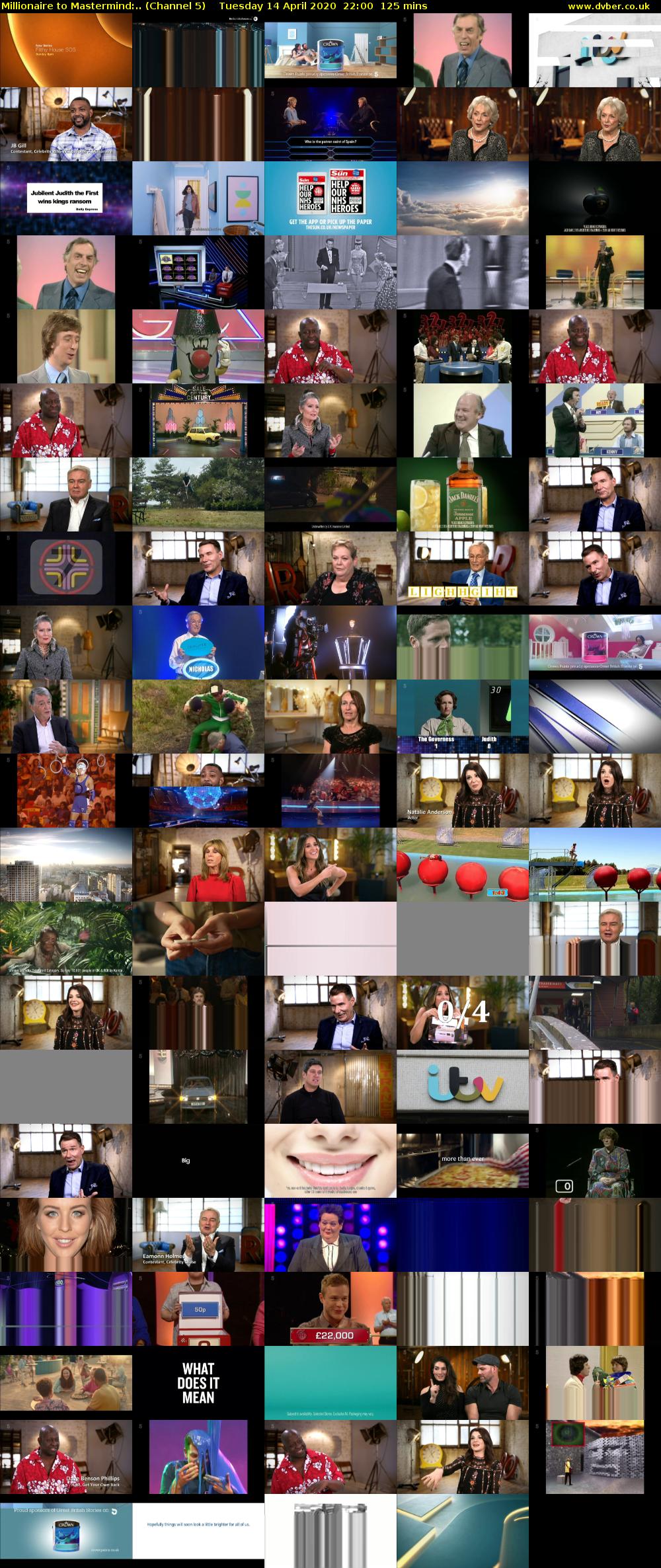 Millionaire to Mastermind:.. (Channel 5) Tuesday 14 April 2020 22:00 - 00:05
