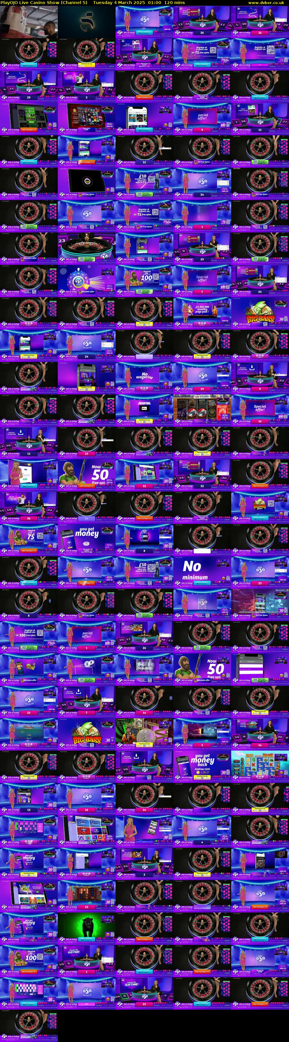PlayOJO Live Casino Show (Channel 5) Tuesday 4 March 2025 01:00 - 03:00