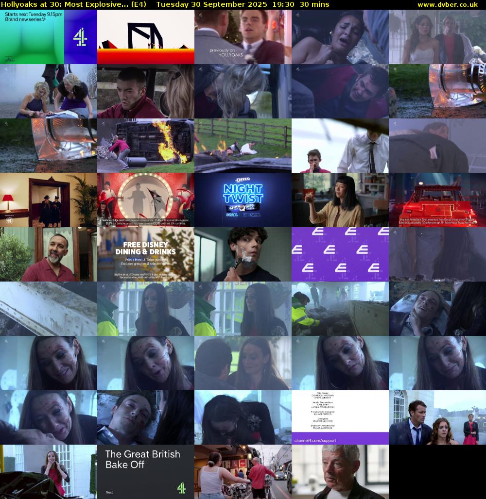 Hollyoaks at 30: Most Explosive... (E4) Tuesday 30 September 2025 19:30 - 20:00