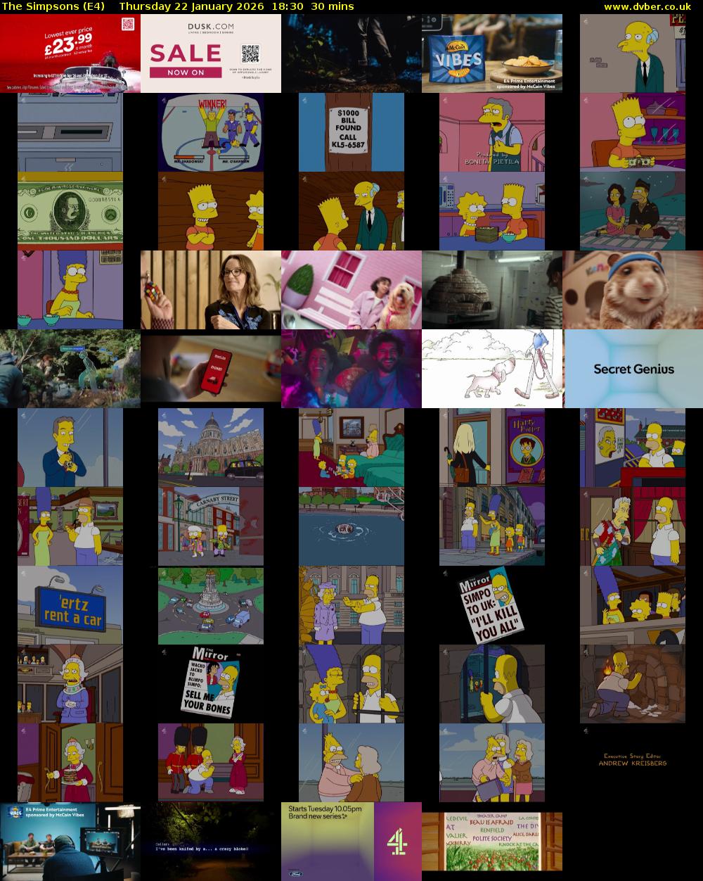 The Simpsons (E4) Thursday 22 January 2026 18:30 - 19:00