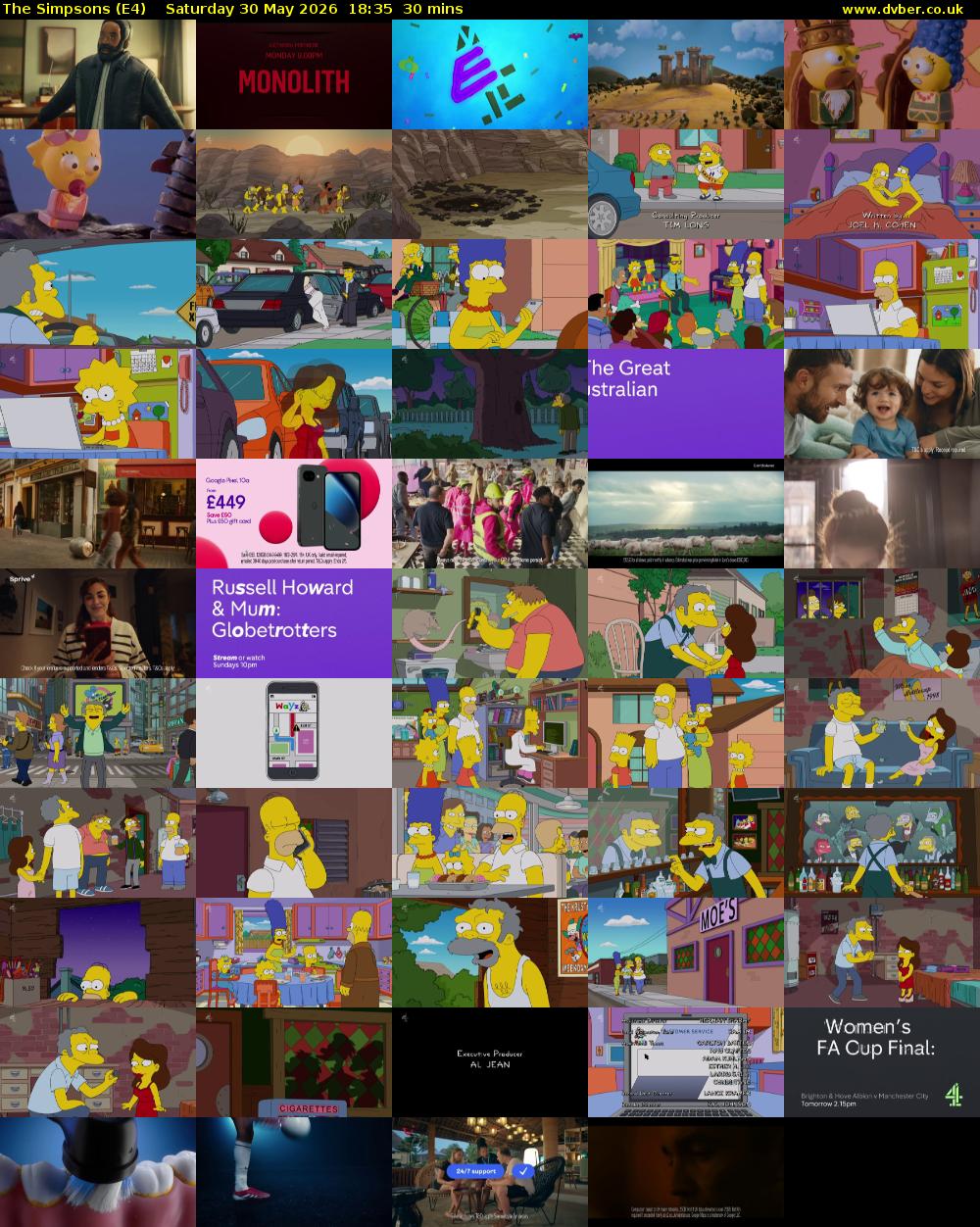 The Simpsons (E4) Saturday 30 May 2026 18:35 - 19:05