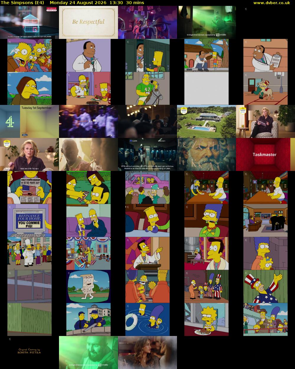 The Simpsons (E4) Monday 24 August 2026 13:30 - 14:00