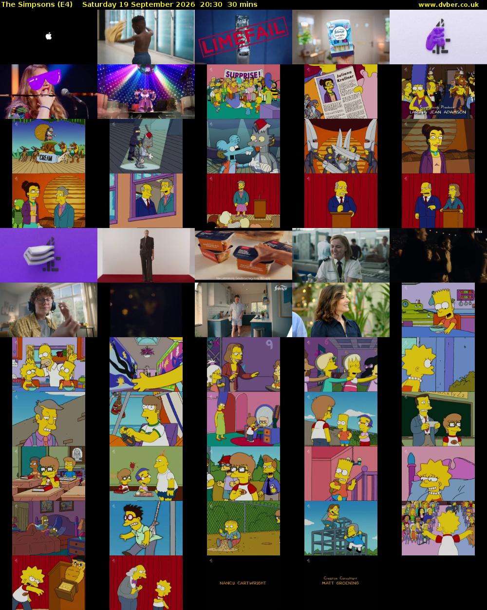The Simpsons (E4) Saturday 19 September 2026 20:30 - 21:00