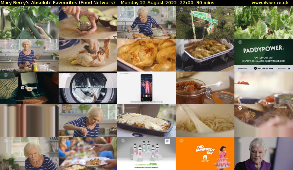 Mary Berry's Absolute Favourites (Food Network) Monday 22 August 2022 22:00 - 22:30