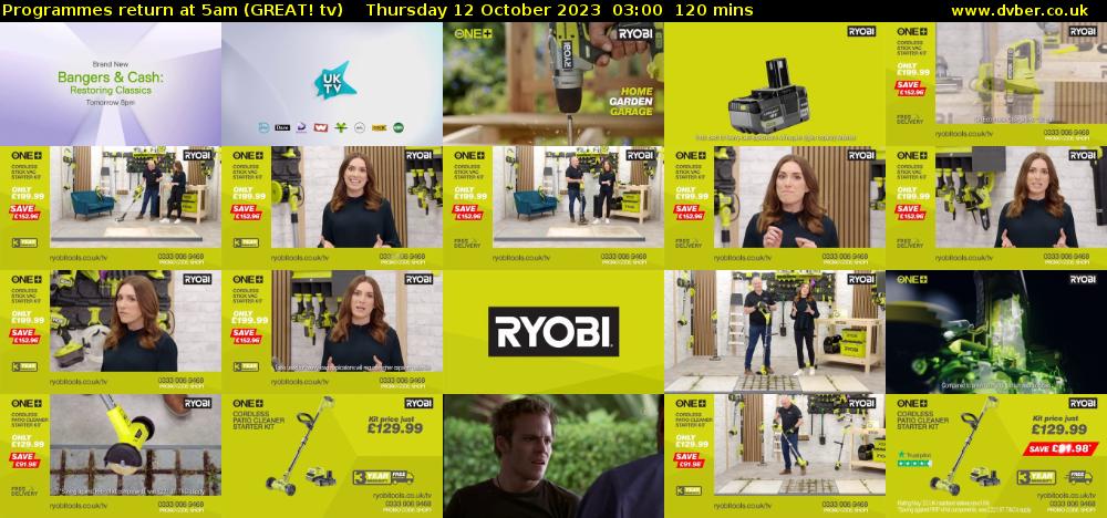 Programmes return at 5am (GREAT! tv) Thursday 12 October 2023 03:00 - 05:00