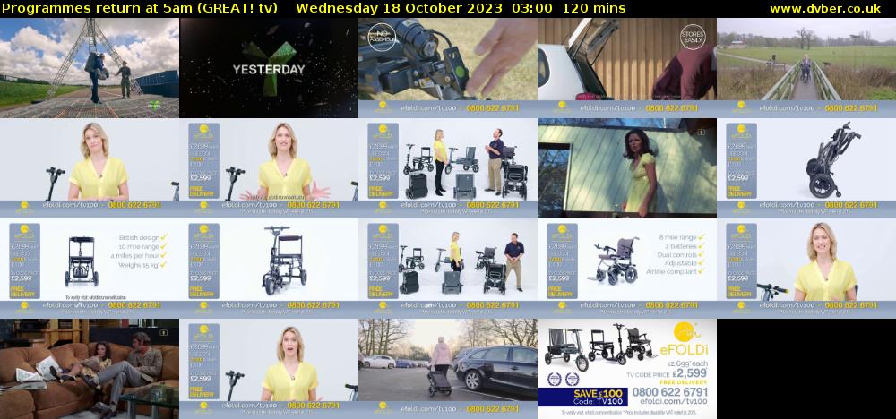 Programmes return at 5am (GREAT! tv) Wednesday 18 October 2023 03:00 - 05:00