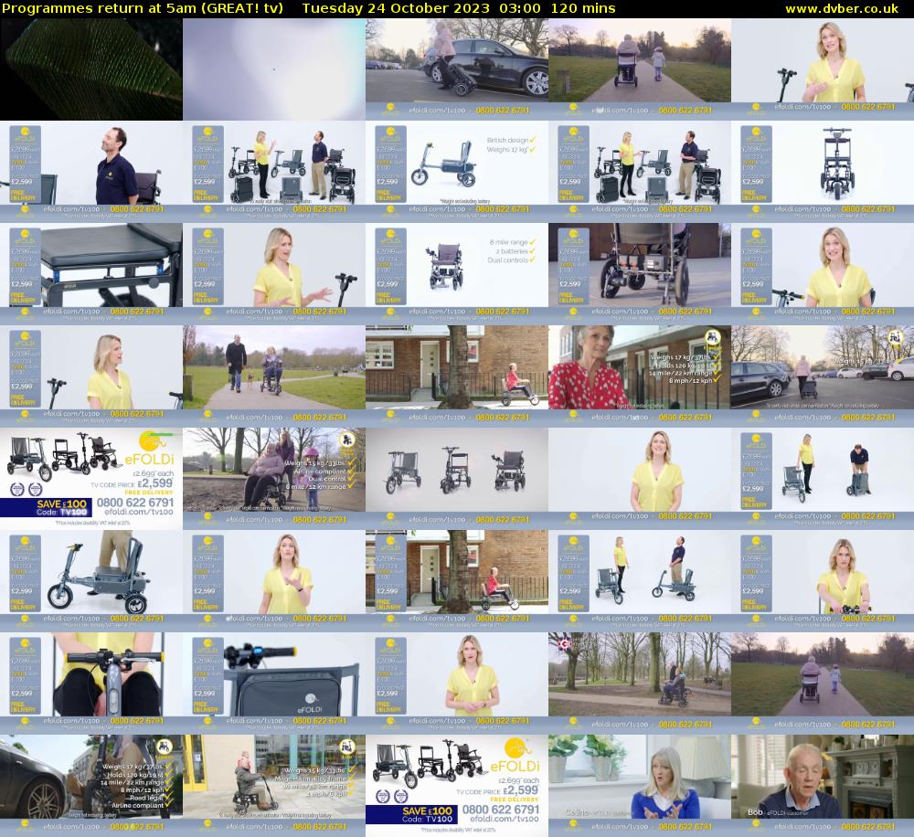 Programmes return at 5am (GREAT! tv) Tuesday 24 October 2023 03:00 - 05:00