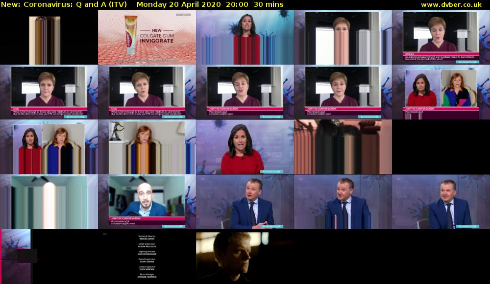 Coronavirus: Q and A (ITV) Monday 20 April 2020 20:00 - 20:30