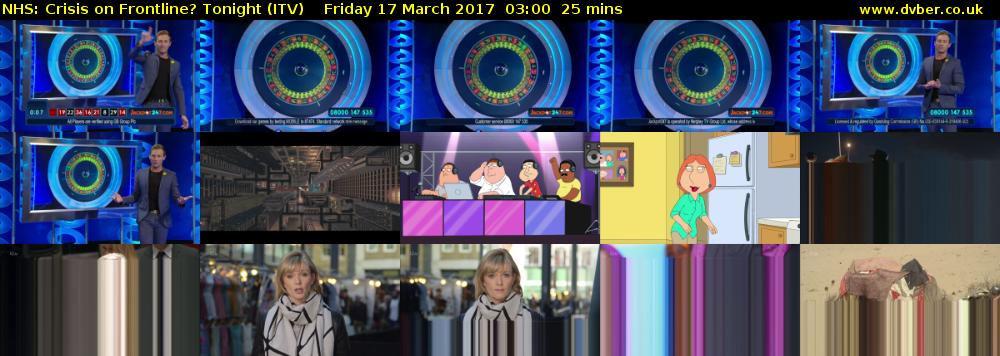 NHS: Crisis on Frontline? Tonight (ITV) Friday 17 March 2017 03:00 - 03:25