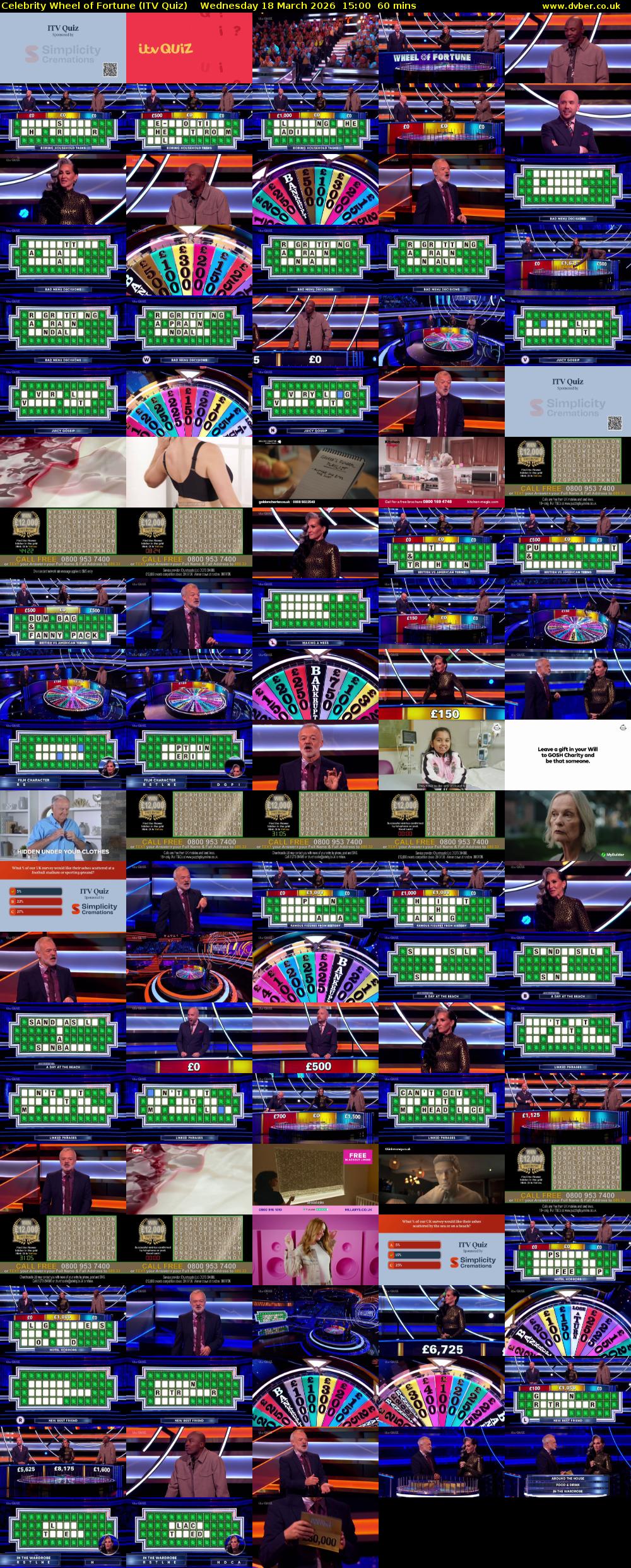 Celebrity Wheel of Fortune (ITV Quiz) Wednesday 18 March 2026 15:00 - 16:00