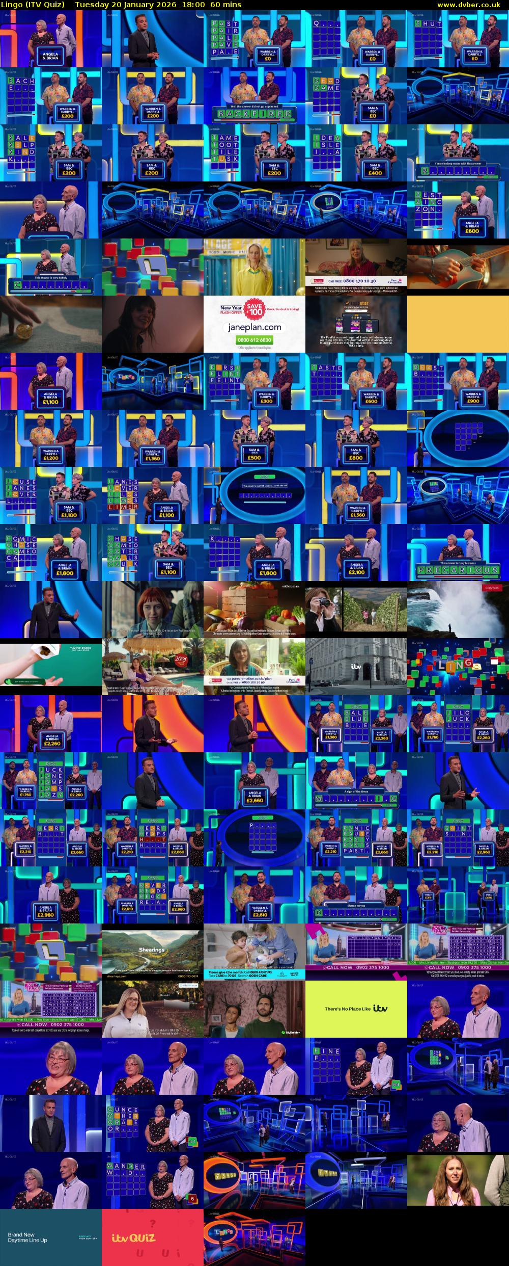 Lingo (ITV Quiz) Tuesday 20 January 2026 18:00 - 19:00