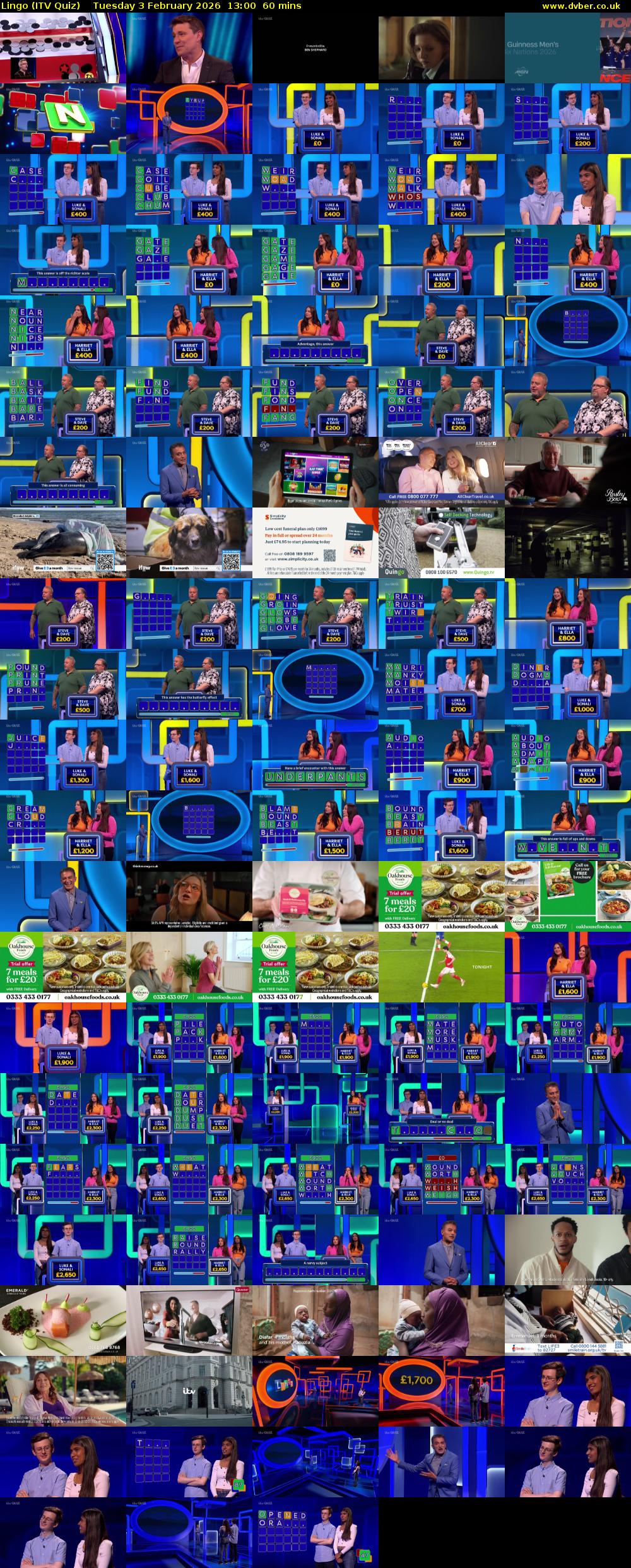 Lingo (ITV Quiz) Tuesday 3 February 2026 13:00 - 14:00