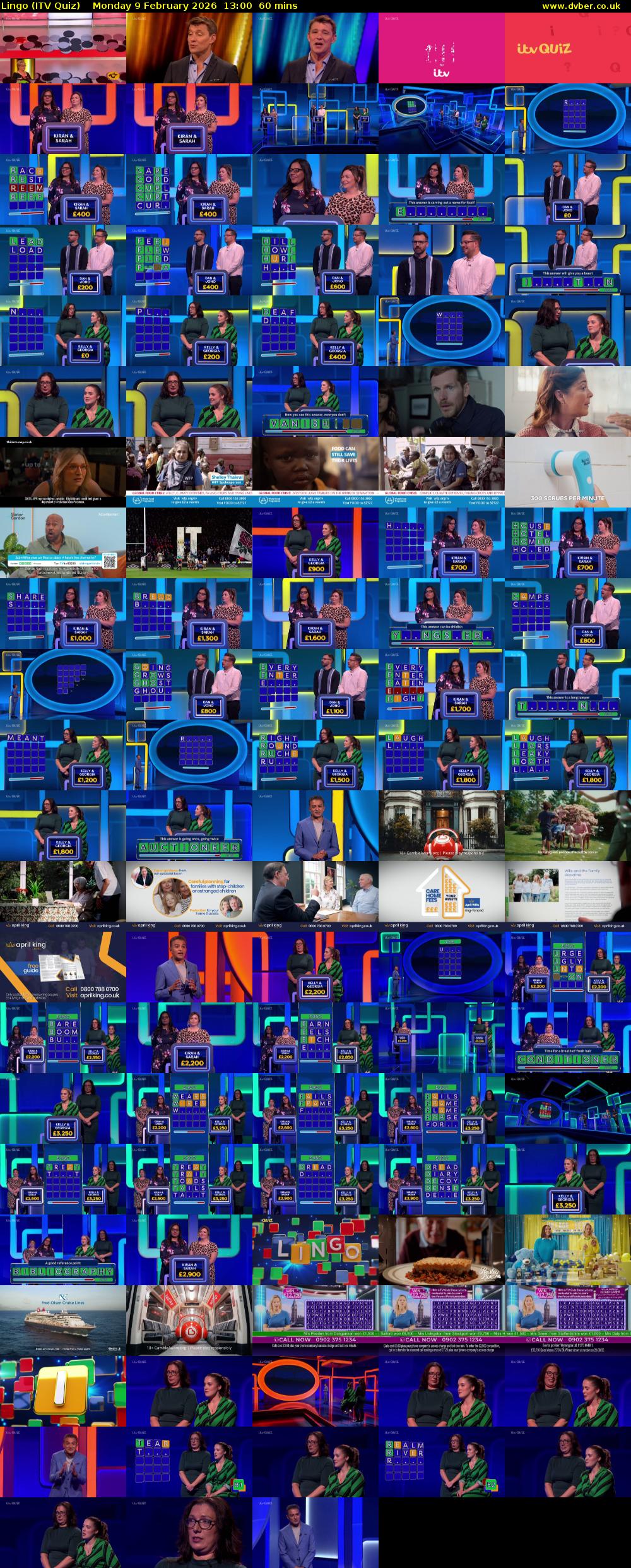 Lingo (ITV Quiz) Monday 9 February 2026 13:00 - 14:00