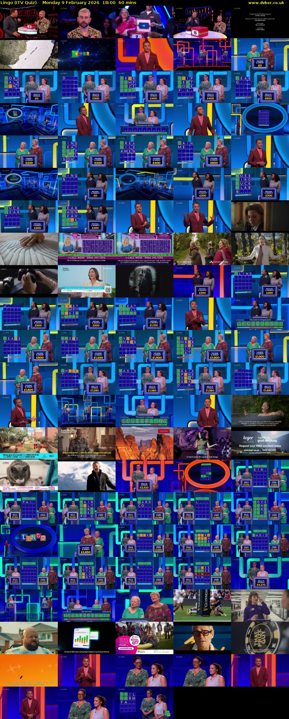 Lingo (ITV Quiz) Monday 9 February 2026 18:00 - 19:00
