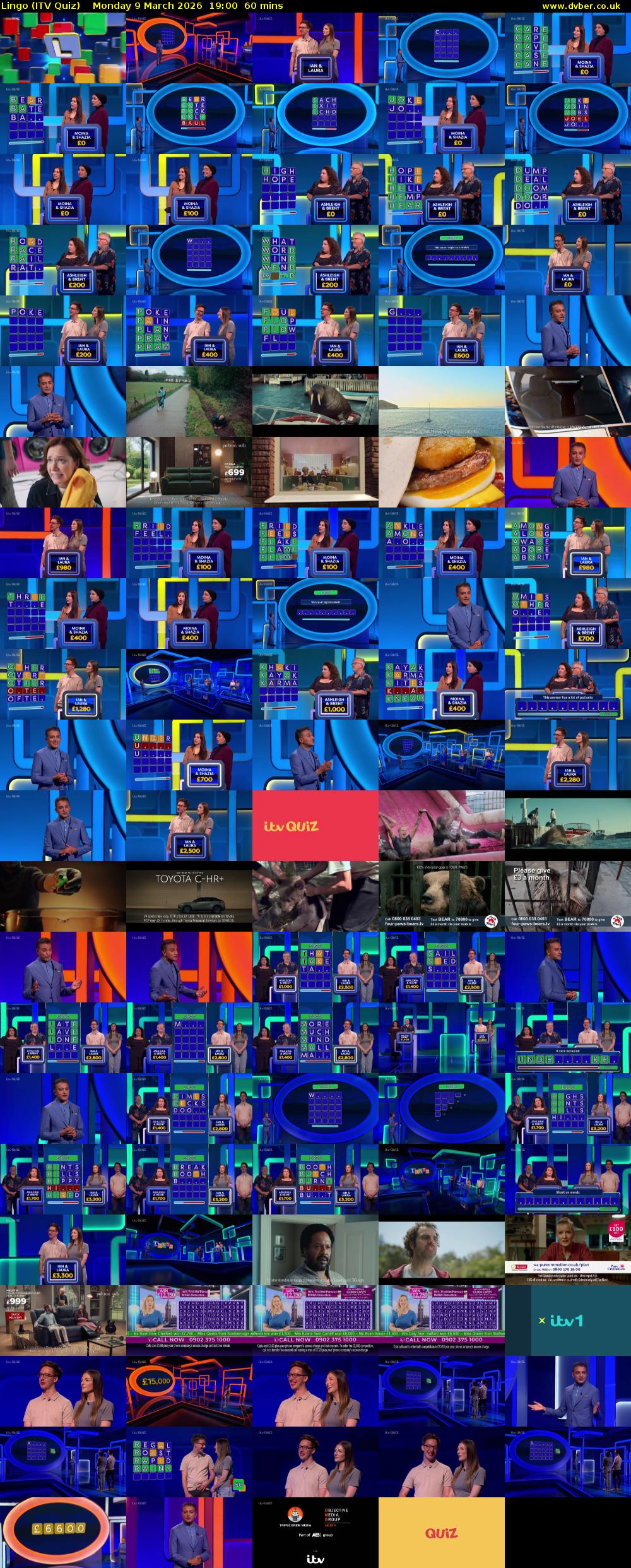 Lingo (ITV Quiz) Monday 9 March 2026 19:00 - 20:00