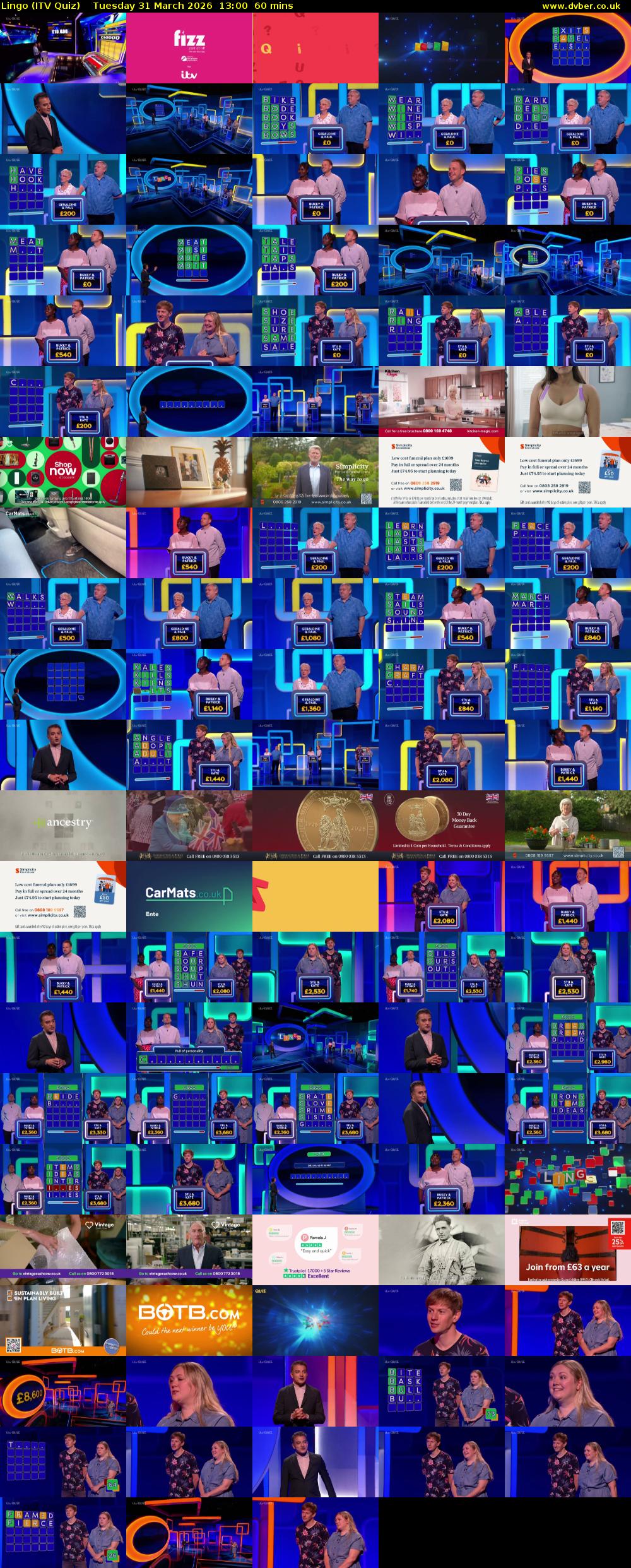 Lingo (ITV Quiz) Tuesday 31 March 2026 13:00 - 14:00