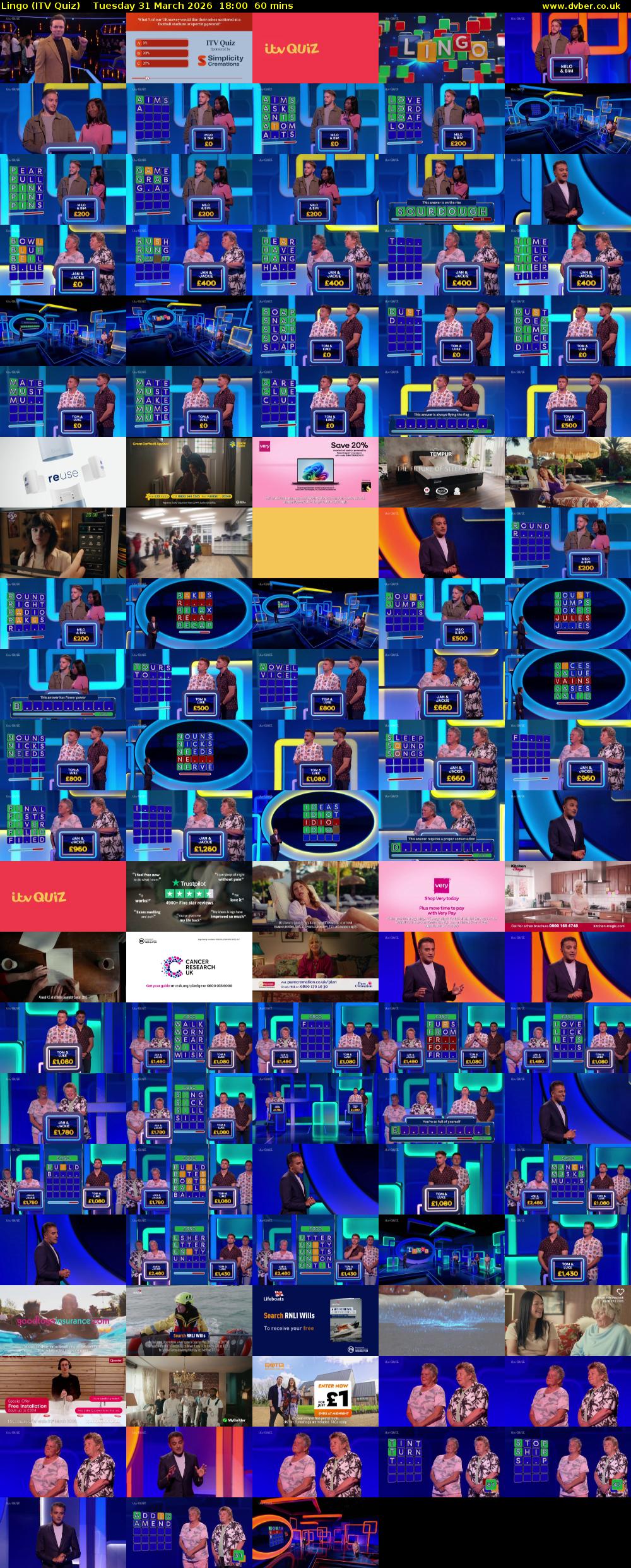 Lingo (ITV Quiz) Tuesday 31 March 2026 18:00 - 19:00