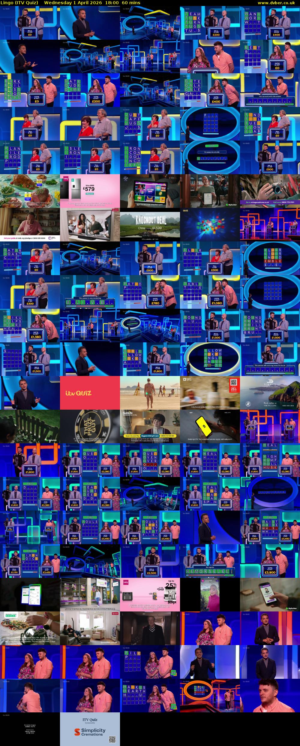 Lingo (ITV Quiz) Wednesday 1 April 2026 18:00 - 19:00