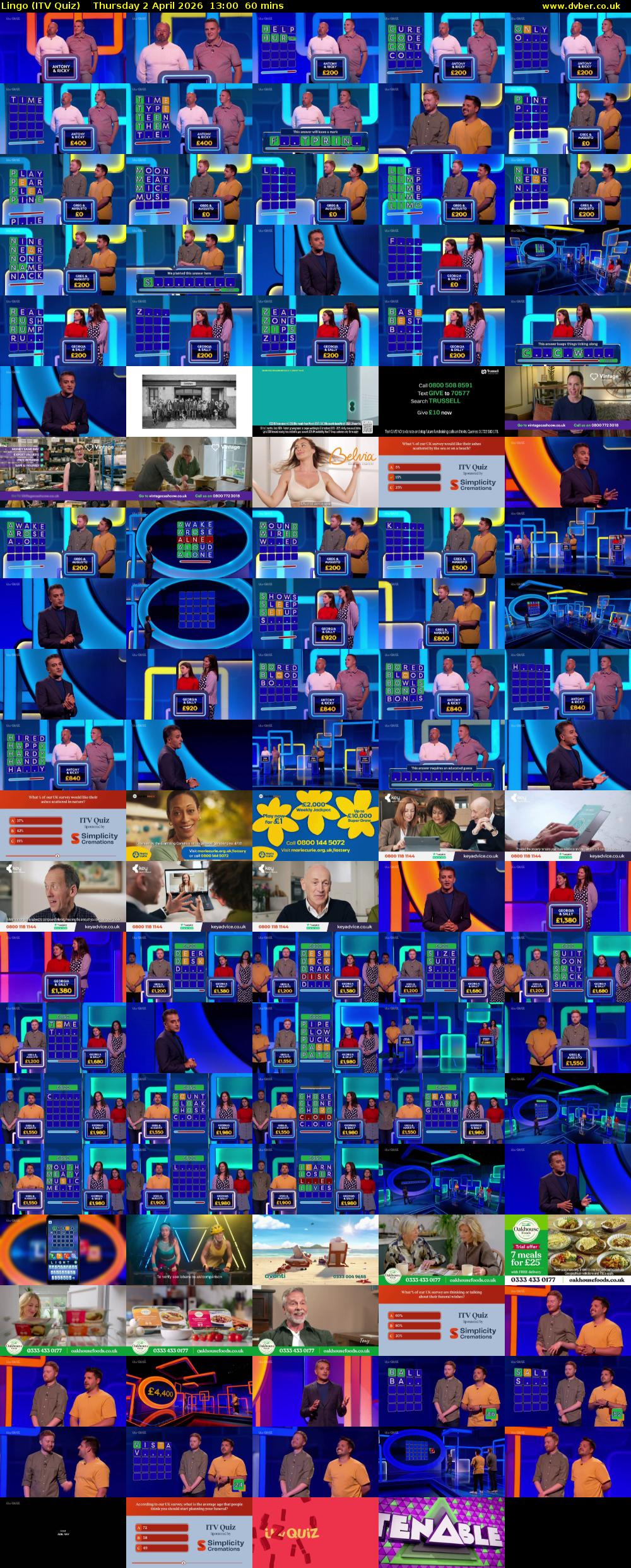 Lingo (ITV Quiz) Thursday 2 April 2026 13:00 - 14:00