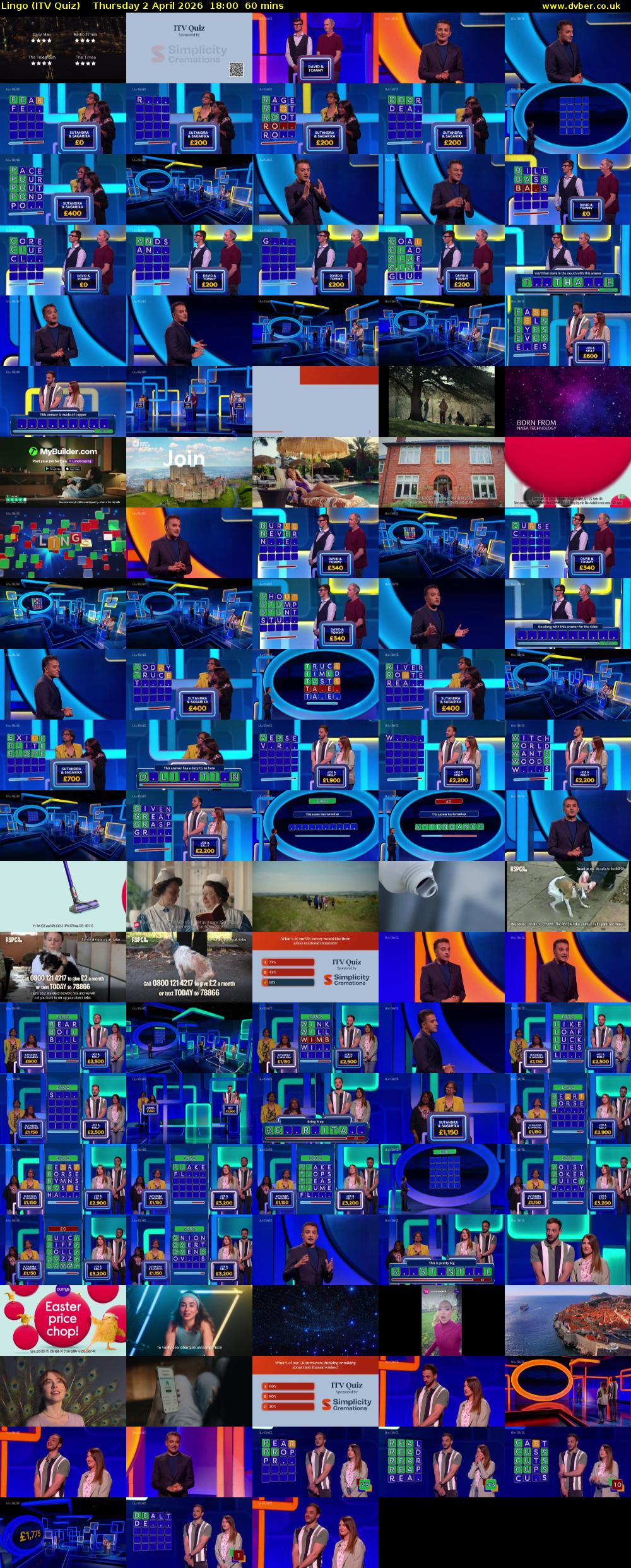 Lingo (ITV Quiz) Thursday 2 April 2026 18:00 - 19:00