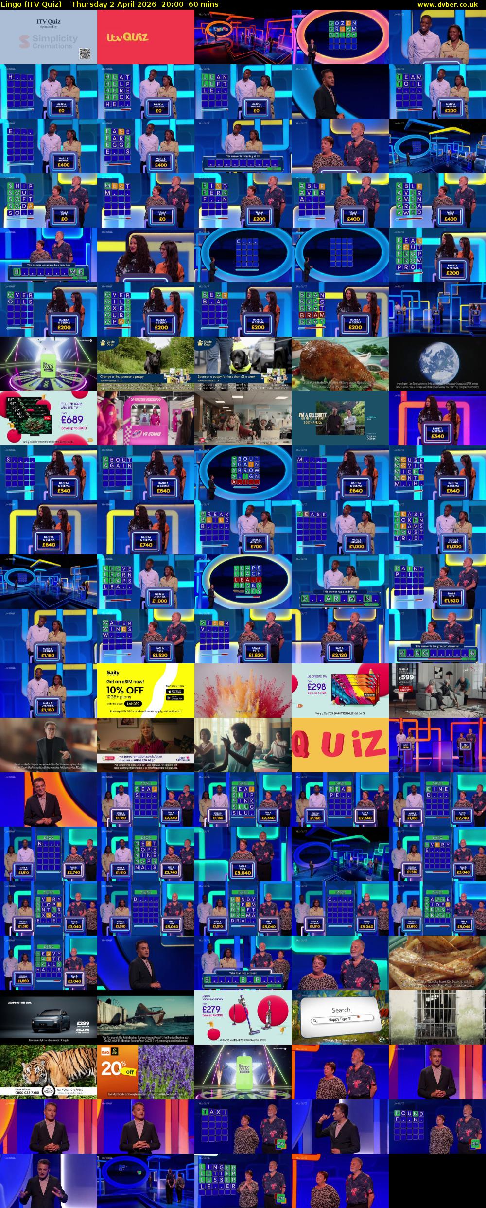 Lingo (ITV Quiz) Thursday 2 April 2026 20:00 - 21:00