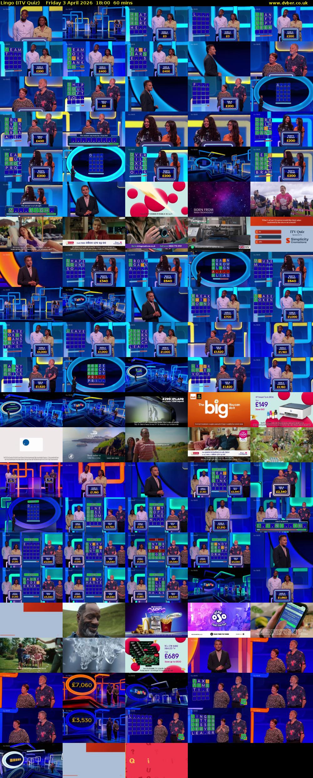 Lingo (ITV Quiz) Friday 3 April 2026 18:00 - 19:00