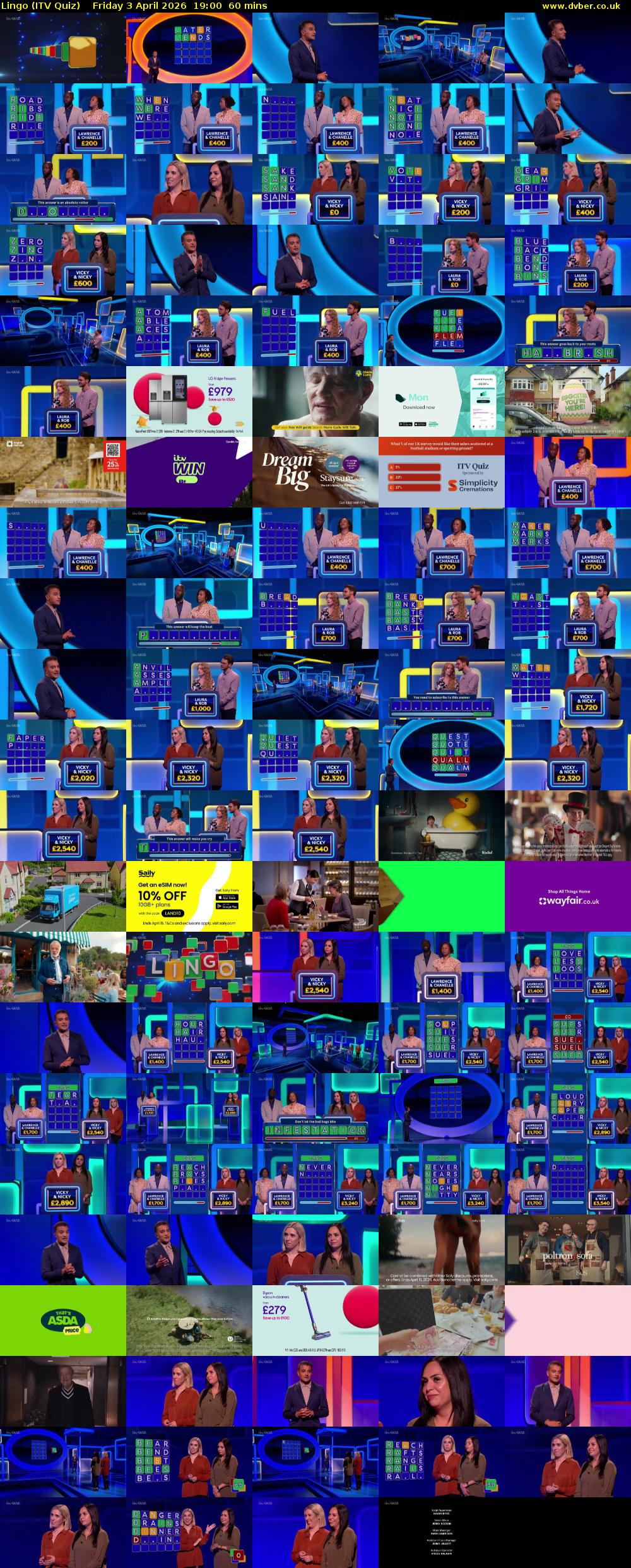Lingo (ITV Quiz) Friday 3 April 2026 19:00 - 20:00