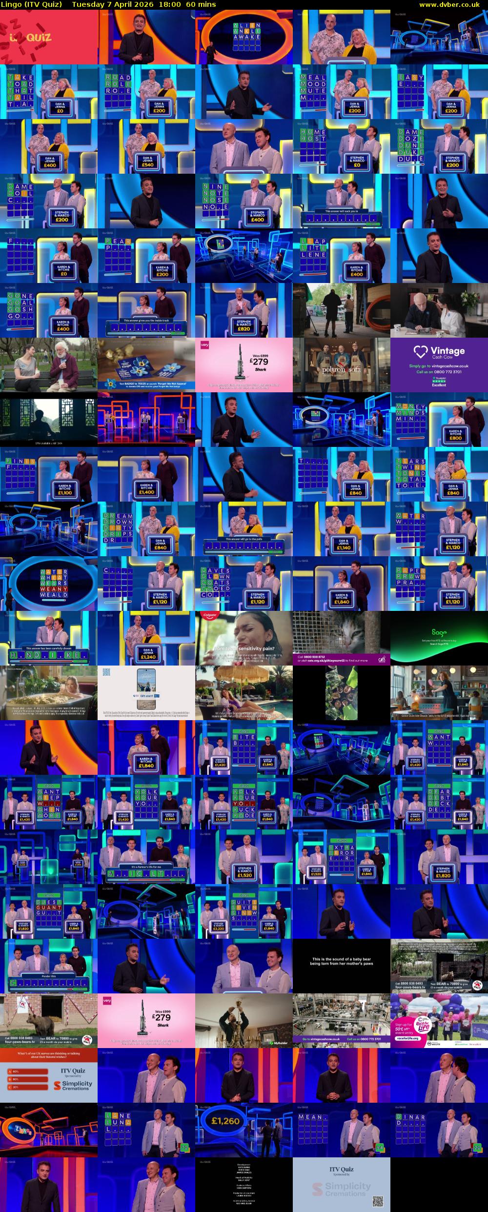 Lingo (ITV Quiz) Tuesday 7 April 2026 18:00 - 19:00