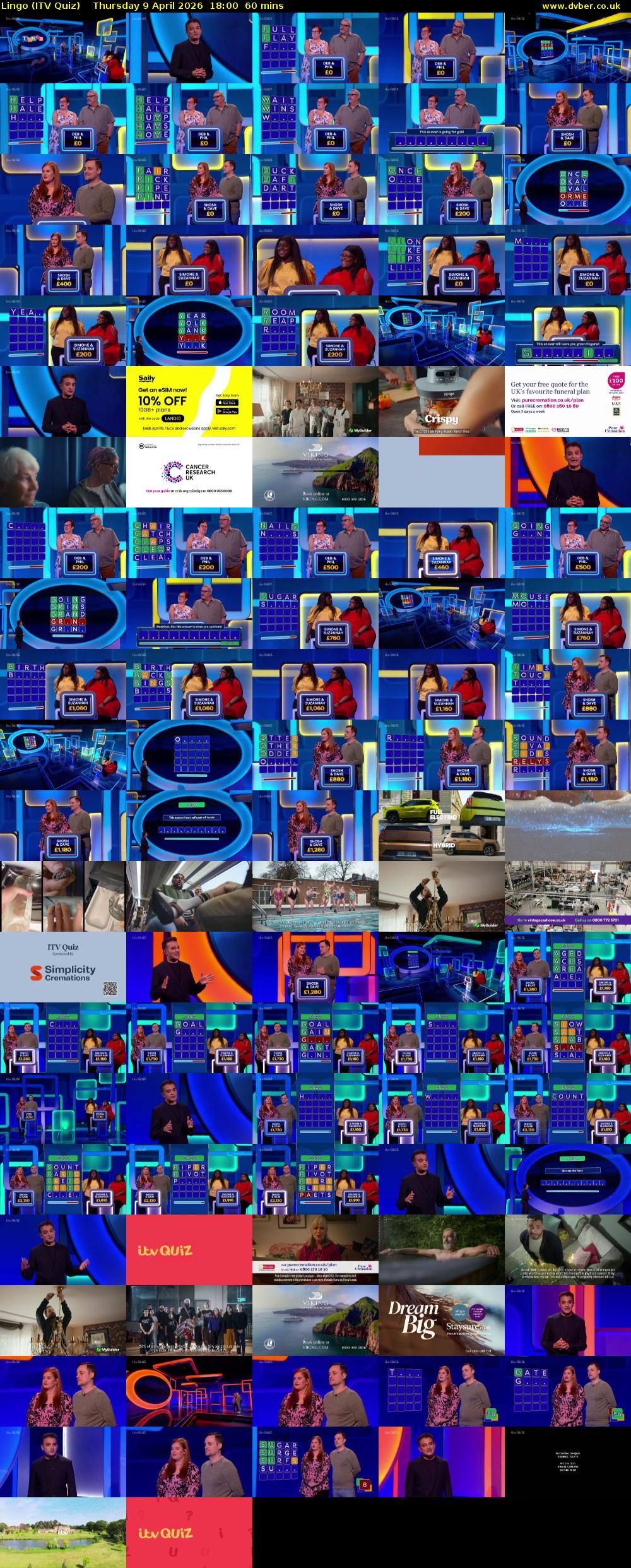 Lingo (ITV Quiz) Thursday 9 April 2026 18:00 - 19:00