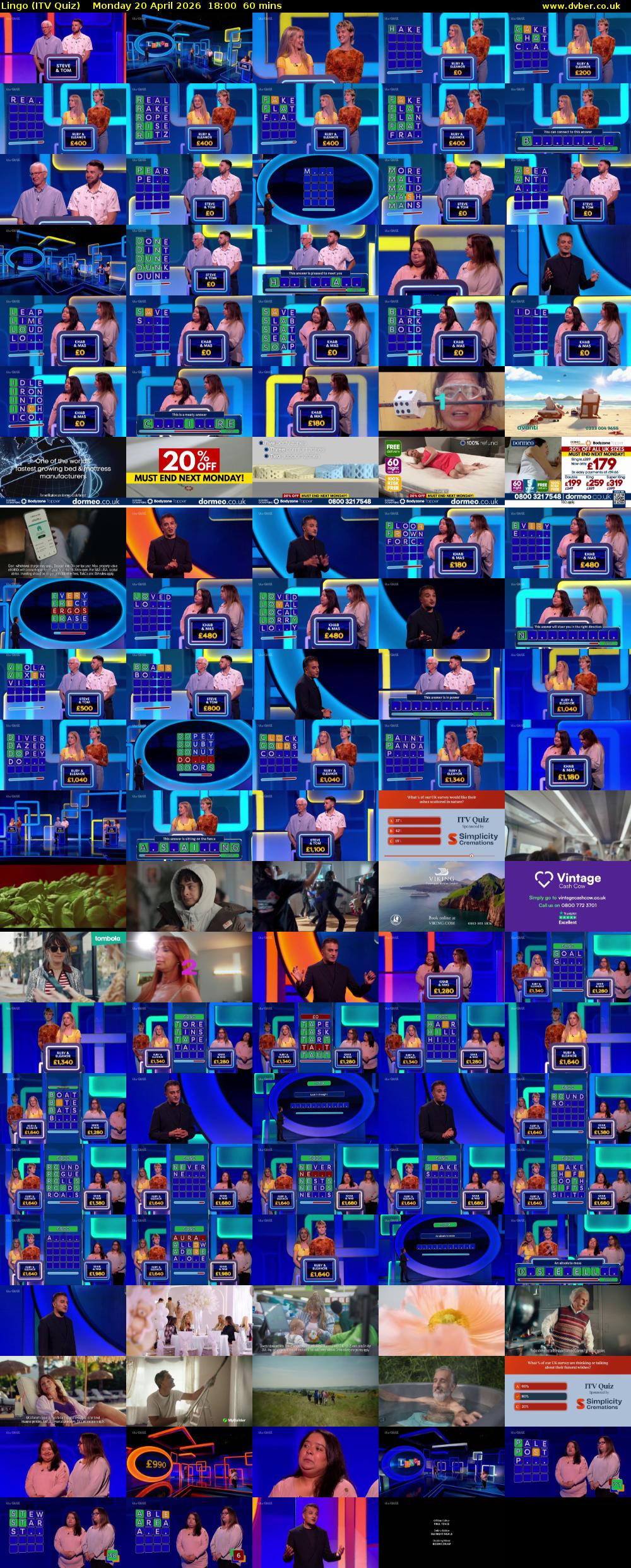 Lingo (ITV Quiz) Monday 20 April 2026 18:00 - 19:00